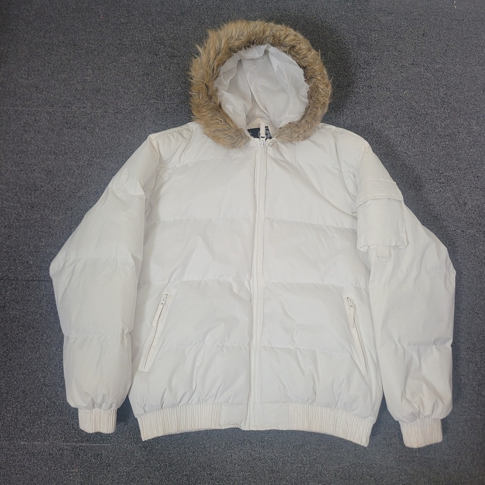 Bluez Size XL Puffer Jacket Mens White Faux Fur Hood Utility Pocket Bomber